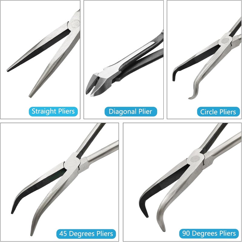 MFBJXC 5-Piece 11" Extra Long Needle Nose Pliers Set with Insulated Comfort Grip, Straight Long Reach Plier, 45/90°Bent Nose Pliers,O-shaped nose plier,Diagonal Plier for Bending Shaping Trimming - Image 2